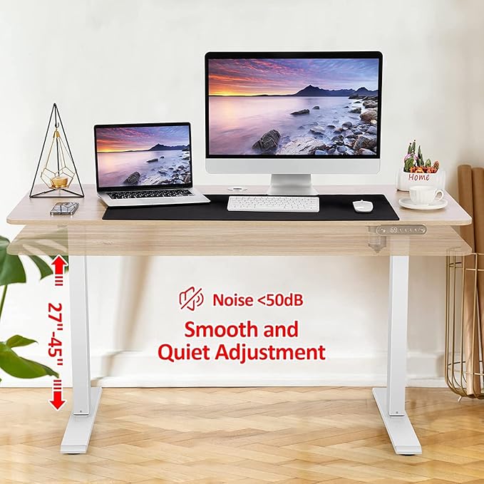 Electric Standing Adjustable Height Desk 48'' x 24''Sit Stand Desk with Charging Station 2 USB Ports 3 Power Outlets 27''-46'' Lifting Range Computer Workstations(Oak)