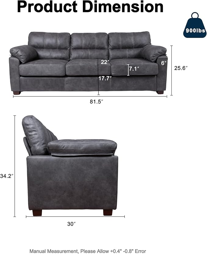 80 Inch Dark Grey Faux Leather Sofa Couch (2 Sets) - Wide Armrests with 2 Pillows Deep Seats Contrast Stitching 3 Seater Leather Couches for Living Room Bedroom Apartment