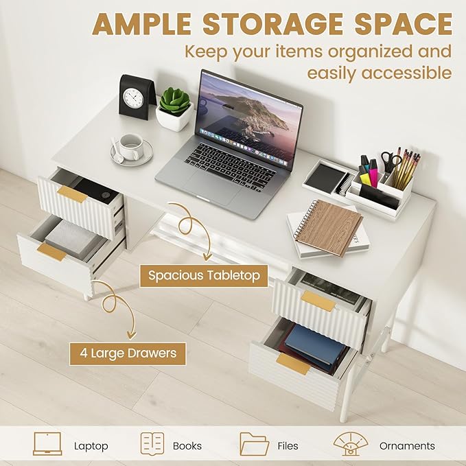 Giantex Modern Desk with 4 Drawers 48 Inch Computer Desk with Storage Heavy-Duty Gold Metal Frame Makeup Vanity Dressing Table White and Gold Desk for Bedroom Study Home Office