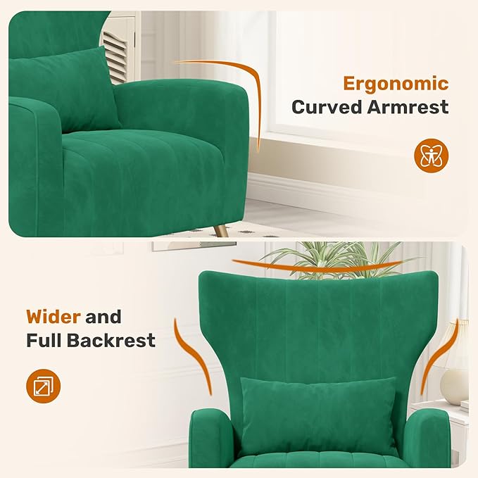 Velvet Accent Chair Wingback for Living Room High Back Arm Chair with Golden Legs Lumbar Pillow Upholstered Single Sofa Bedroom Green