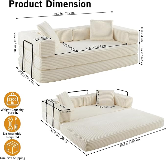 81'' Futon Sofa Bed Folding Floor Couch Bed Corduroy Fabric Boneless Couch Compressed Boneless Sofa in a Box Comfy Sleeper for Living Room-Beige