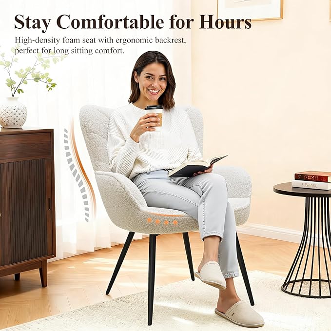 Mid-Century Sherpa Upholstered Accent Chair Cozy Armchair with Curved Backrest Sturdy Metal Legs Soft Fabric Chair for Living Room Bedroom &amp Reading AreaBeige
