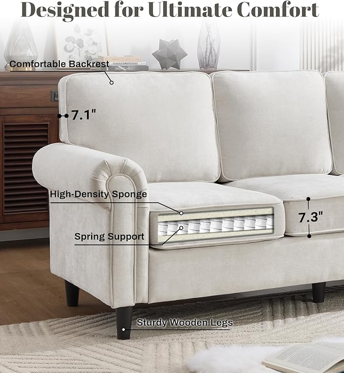 Kingfun 3 Seater Couch Mid Century Modern Sofa with Rolled Arms and Deep Seats Fluffy Comfort for Living Room Apartment Easy Assembly Beige
