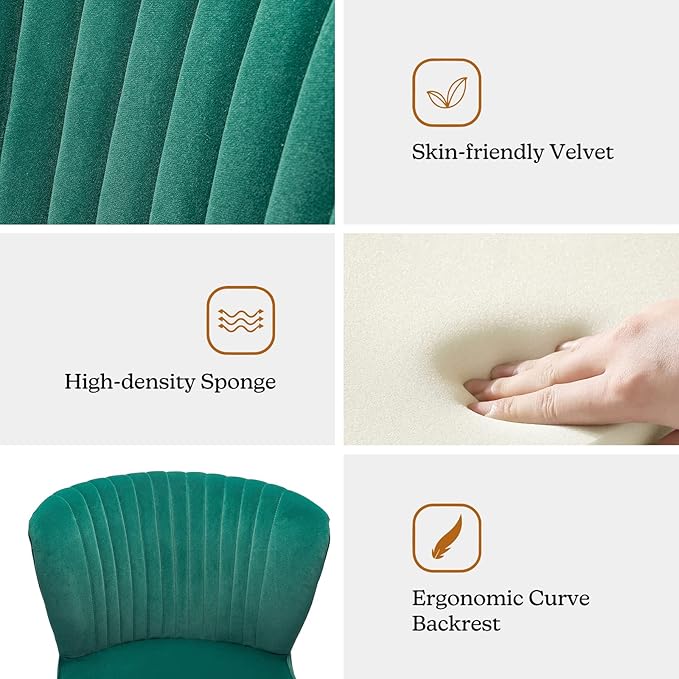 TINA'S HOME Monica Velvet Accent Chair Set of 2 Mid Century Side Chair Comfy Upholstered Living Room Chair with Golden Legs Wingback Armless Slipper Chair for Bedroom Guest Room- Emerald Green