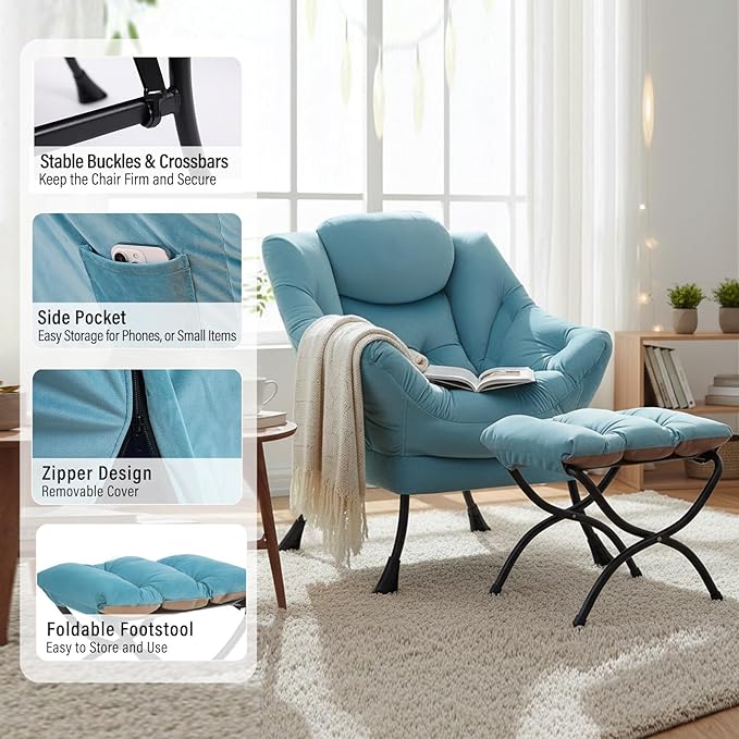 Lazy Chair with Ottoman Modern Accent Chairs with Folding Footrest Velvet Light Blue Sofa Chair Set Reading Chairs Oversized Armchairs for Bedroom Study Living Room Courtyard