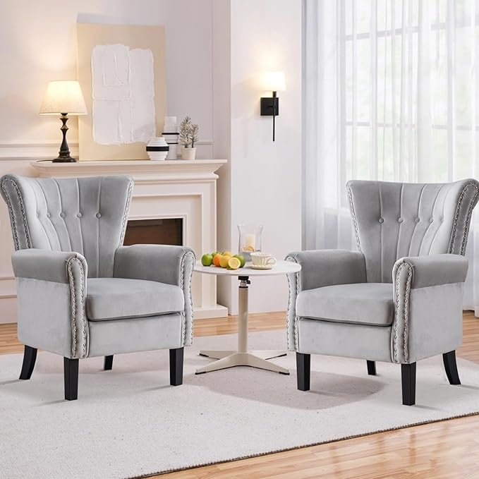 Velvet Accent Chair with Arms Modern Wingback Tufted Armchair Soft Cushioned Club Chair with Solid Wood Legs for Living Room Bedroom Home Office Light Grey