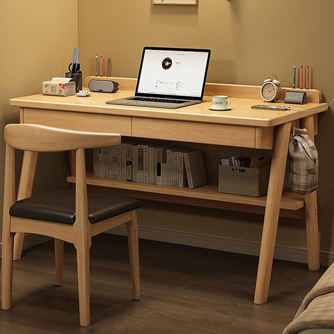 Mid-Century Modern Wood DeskComputer Desks with Drawers and Storage ShelfStudy Work Writing TableModern Industrial Home Office Desks for WritingExecutiveStudyWork(Wood55in(140cm))