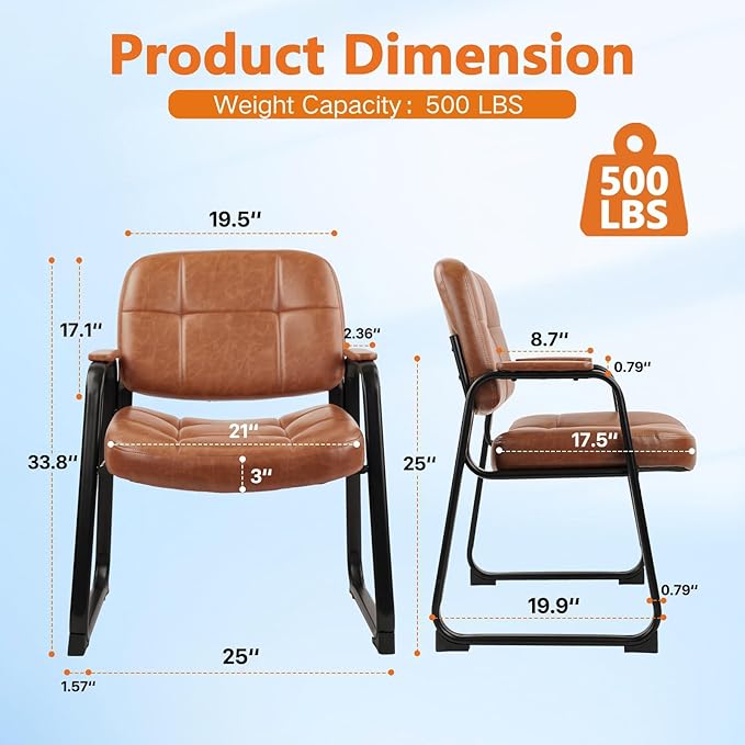 CLATINA Big &amp Tall 500 lb Waiting Room Chairs with Padded Armrests and Sled Base Leather Stationary No Wheels Office Reception Guest Chair for Lobby Home and Meeting Conference Brown (2 Pack)