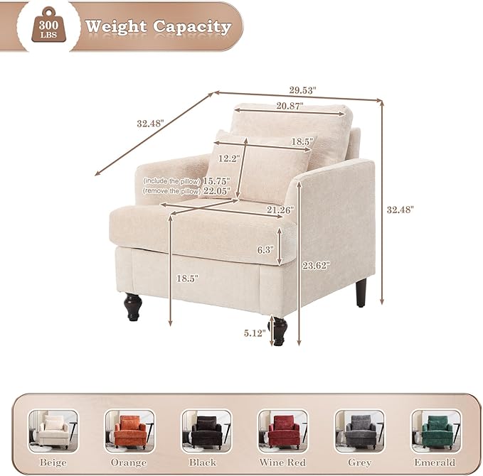 KINFFICT Modern Accent Chair for Living Room Upholstered Single Sofa Chair with Lumbar Pillow Comfy Armchair with Thickened Cushion Living Room Chairs for Bedroom Office Beige Chenille