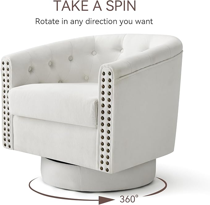Swivel Barrel Accent Chair Chenille Fabric Living Room Chairs Modern Comfty Reading Chairs for Bedroom Small Club Armchair Single Sofa Side Chair Nailhead Trim Ivory White