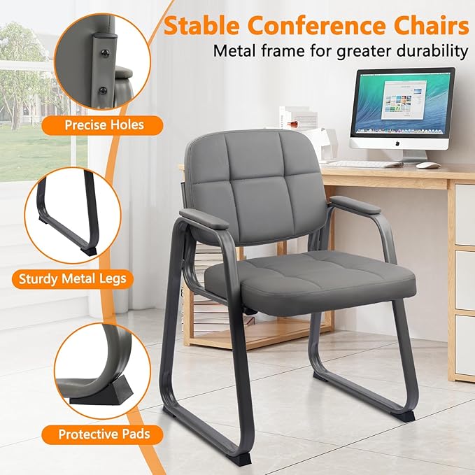 CLATINA Leather Office Guest Waiting Room Chair with Sled Base Reception Chair No Wheels with Armrests and Lumber Support Stationary Desk Armchair for Meeting Conference Lobby Shool Grey 2 PK