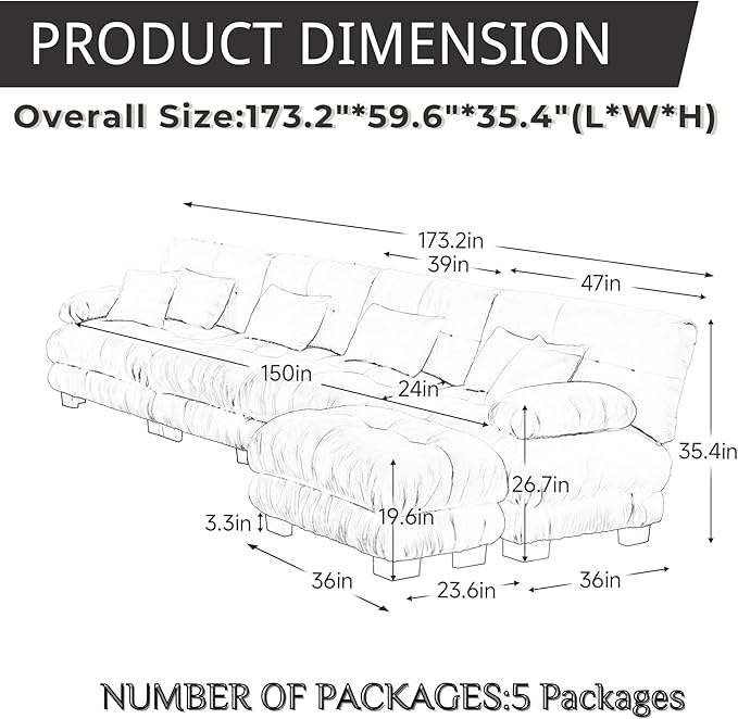Modular Sectional Sofa for Living Room173 L-Shaped Comfy Couch with Ottoman Oversized 4 Seater Beige Sectional Couches with Pillows Fluffy Couch Set with Deep Seat