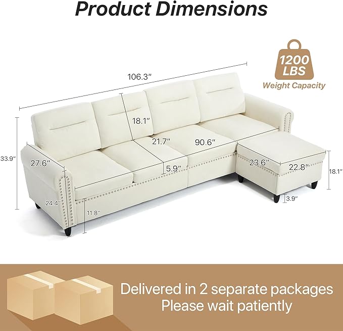 Westice 106 Modular Sectional Sofa with Movable Ottoman Deep-Seat L-Shaped Couch 4-Seater Modern Sofa for Living Room Bedroom or Apartment (Beige)