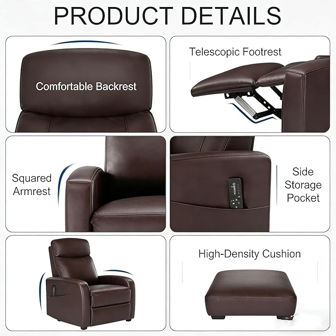 Simple Deluxe Massage Recliner Chair - Adjustable PU Leather Recliner Luxe Reading Chair &amp Sofa Chair for Living Room Chairs or Bedroom Chair Small Recliner for Home Theater Brown