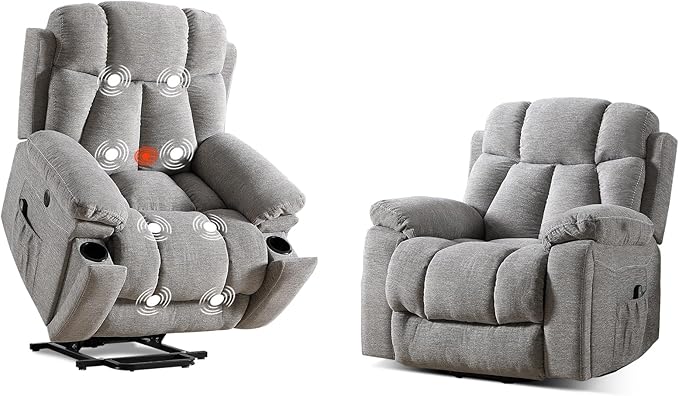2 Power Lift Recliners with Massage and Heat for Elderly Electric Lifting Recliner Chair with Cup Holders &amp USB Port Oversized Single Reclining Sofa Set of 2 with Side Pocket Light Grey