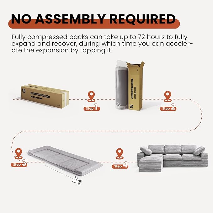 KKL 85 Sectional Modular Boneless Sofa Bed 4 Seater Cloud Couch with Ottoman Corduroy Sectional Couches for Living Room Bedroom Grey