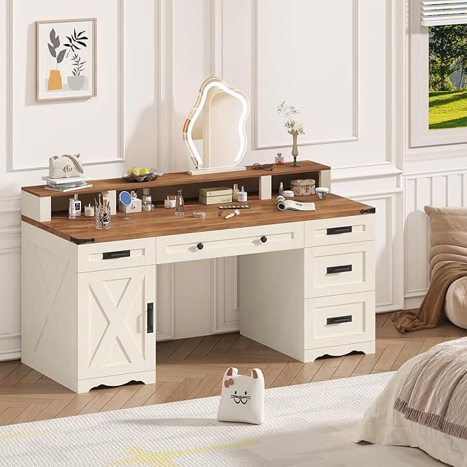 Farmhouse Executive Desk with Drawers &amp Storage Shelves 55 Computer Desk with Power Outlets Home Office Desk with Monitor Stand &amp File Drawers Writing Study Table Antique White