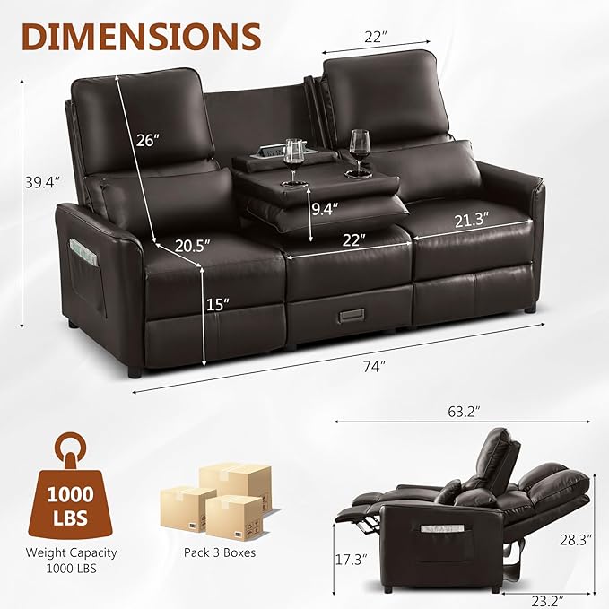 Reclining Loveseat Sofa 3 Seat Manual Recliner Couch with Flip Middle Backrest Console Wall Hugger Storage Drawer &amp Cup Holder for RV &amp Living Room Seating (Dark Brown 3 seat)