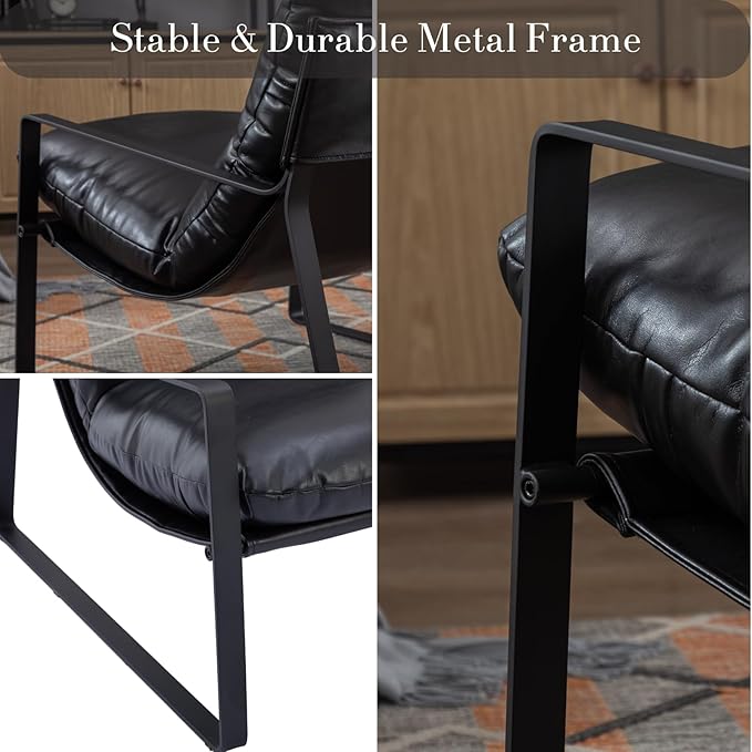 CIMOTA Modern Accent Chair Black PU Leather Upholstered Lounge Armchair with Black Metal Frame for Living Room Bedroom Office 2PCS