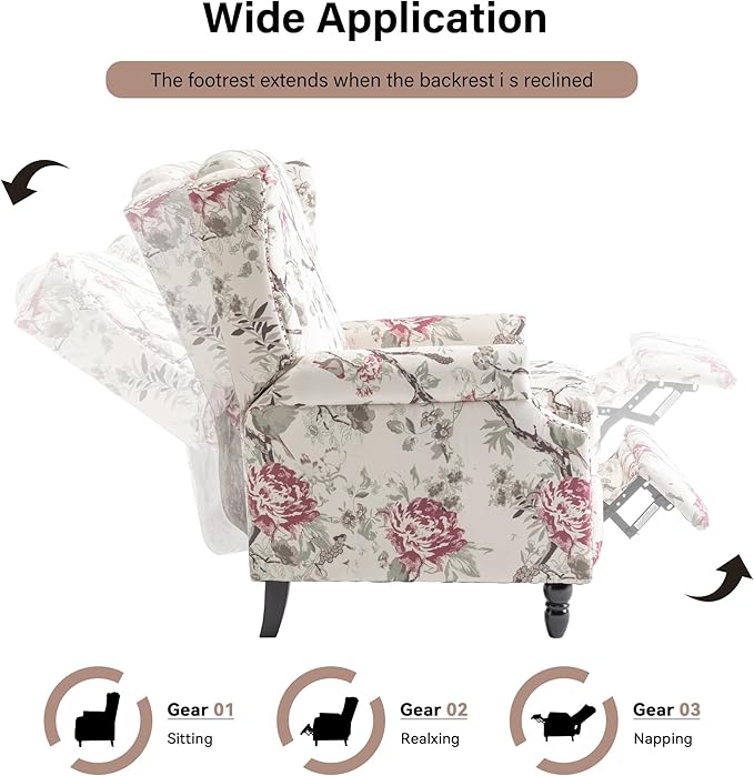 Pushback Recliner Chair Floral Fabric Wingback Recliner Chair Upholstered Rivet Trim Armchair Push Back Recliner Accent Chair for Living Room Small Spaces Plants Floral