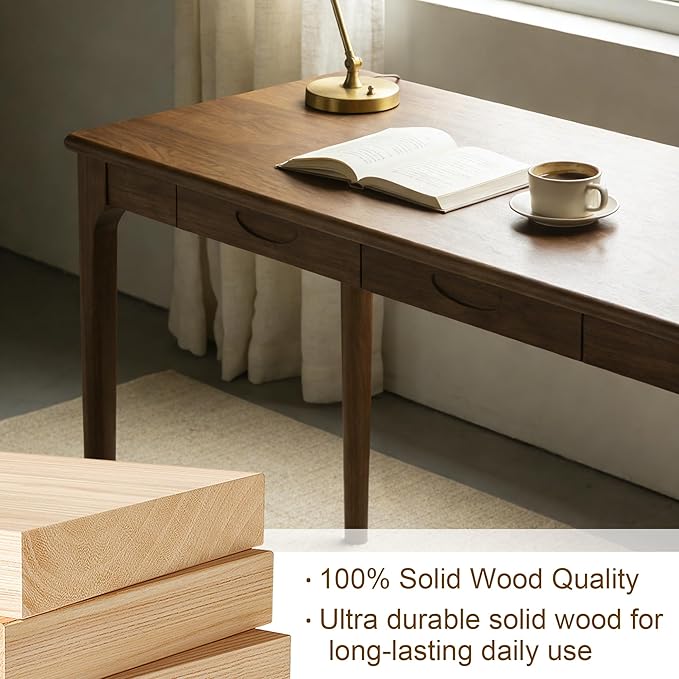 47 Solid Wood Desk with Drawers Small Home Office Writing Wooden Desk Gaming &amp Computer Desk for Bedroom Work Study Table for Small Space(Walnut47 Inch)