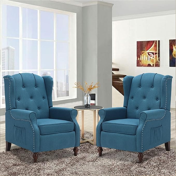 Wingback Recliner Chair with Massage and Heat Tufted Fabric Push Back Recliner Chair for Living Room Vintage Wingback Chair with Remote Control Padded Cushion Backrest Wooden Legs