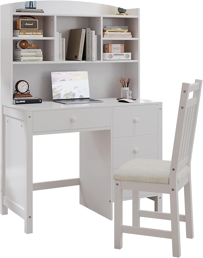 Wooden 40'' Home Office Desks with Bookshelf and Upholstered Chair Versatile Writing Desk Office Study Workstation with 4 Drawers and Storage Shelf for Office Study Room Bedrooms (White-Wood)