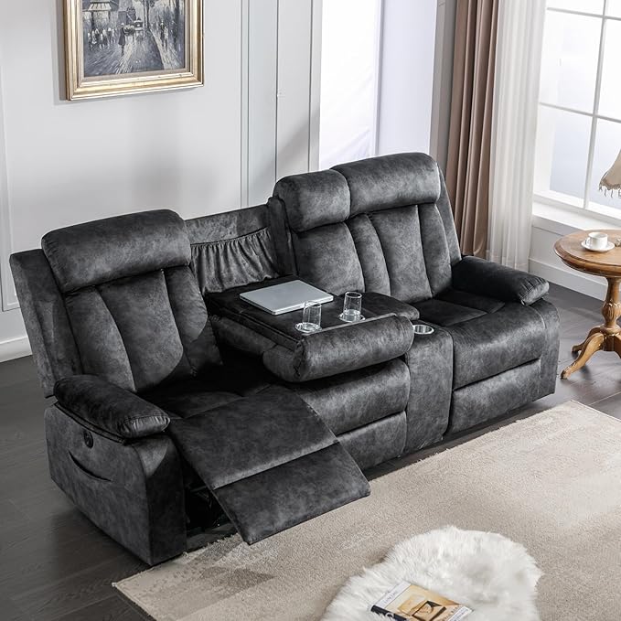 3 Seater Recliner Sofa Reclining Loveseat with Console Power Reclining Sofa with Heat and Massage Cup Holders USB &amp Type-C Charge Ports for Living Room