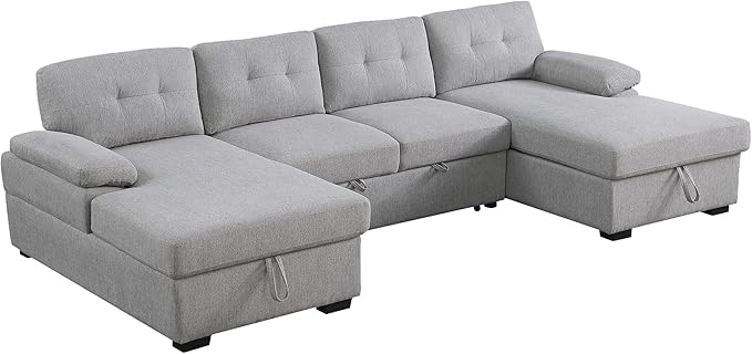 BEEY Sofa Bed 118 Oversized Sleeper Sectional Sofa with Storage Chaise U Shaped Sectional Couch with Pull Out Bed 6 Seater Pull Out Couch Bed for Living Room Bedroom (Light Grey_4 Seater)