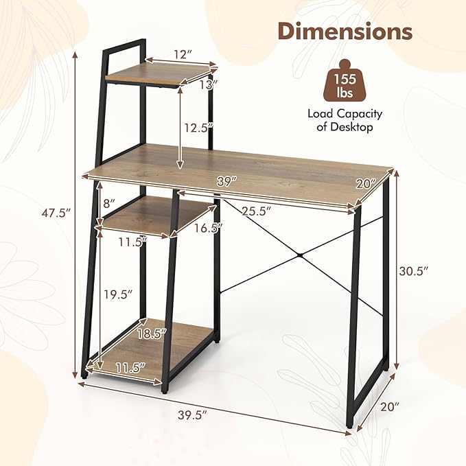 Giantex Computer Desk with Shelves 47.5” Home Office Desk with Bookshelf Host Stand Metal Frame PC Laptop Workstation Modern Study Writing Desk for Bedroom Small Space (Natural &amp Black)