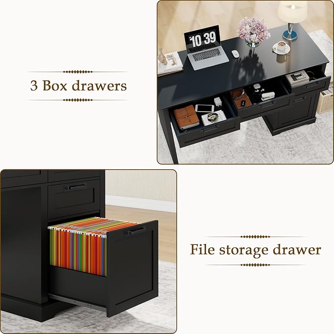 Vabches 55 Farmhouse Home Office Desk with File Drawer Executive Computer Desk with 4 Storage Drawers Rustic Computer Desk for Working Studying Writing Black
