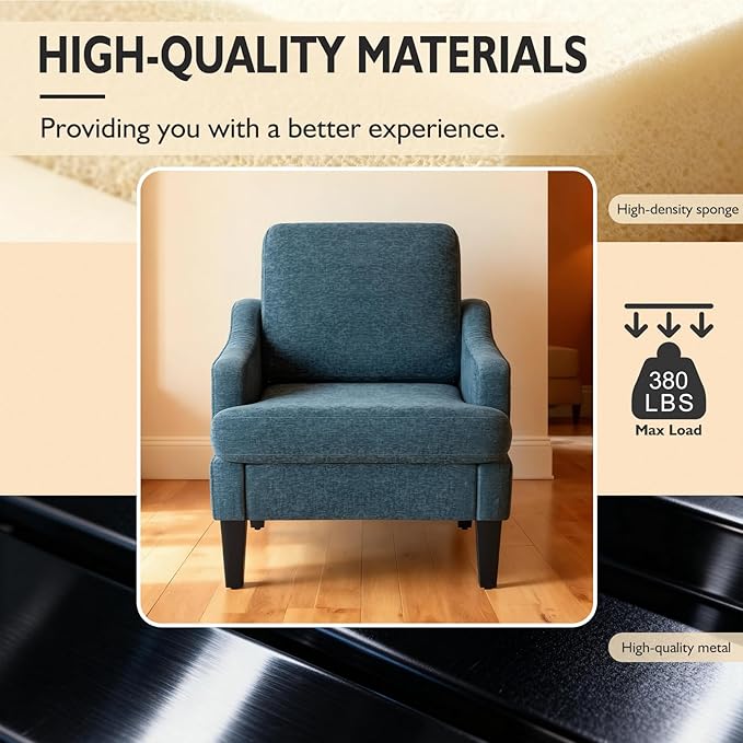 Accent Chair for Living Room Upholstered Living Room Chair with Side Pockets Comfy Accent Chairs for Bedroom Mid Century Modern Armchair for Office Apartment Waiting Room Club (Blue)