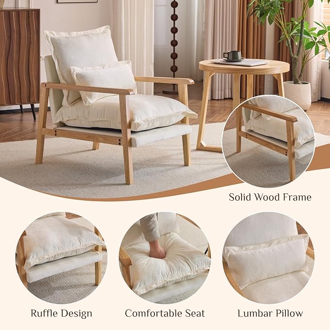 Karl home Midcentury Accent Chair for Living Room Chenille Upholstered Lounge Armchair with Lumbar Pillow Ruffle-Designed Cozy Reading Chair with Wood Legs Beige