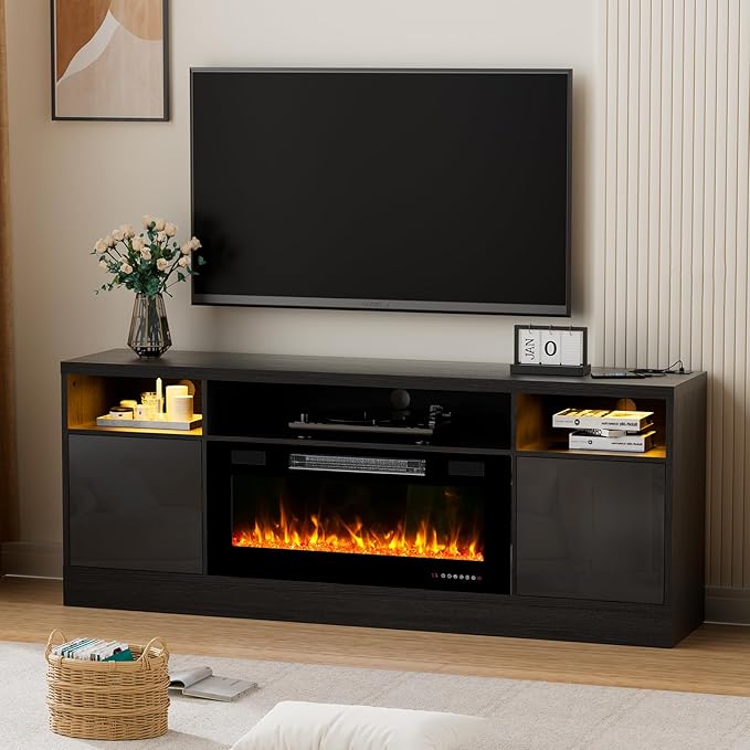 70'' TV Stand with Fireplace and Power Outlet-Black Entertainment Center for 75+ inch TV- 27'' High TV Cabinet with LED Light Storage High Glossy Door Modern TV Console for Living Room