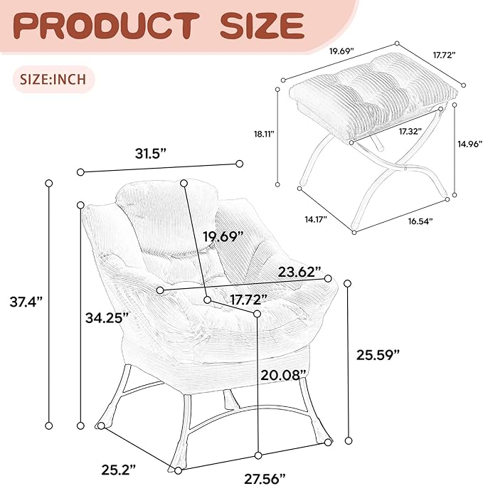 Lazy Chair with Ottoman &amp Storage Pocket Reading Chair for Bedroom Living Room Small Space Comfy Lounge Chairs Steel Frame Oversized Ergonomic Corduroy (Pink)