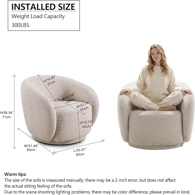Modern Boucle Swivel Accent Chair Oversized Round Swivel Barrel Chair No-Assembly Single Sofa Chair with Thick Foam Comfy Cloud-Style Boucle Chair for Living Room &amp Bedroom Beige Round Chair