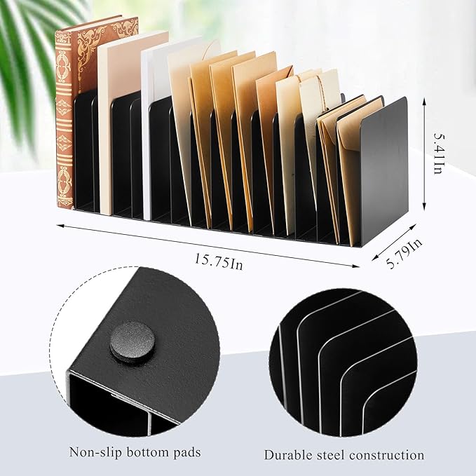 Suzile Metal Desktop File Organizer 15 Compartments Vertical File Sorter Black 5.79 W x 15.75 L x 5.41 H Office Reception Areas Workspace