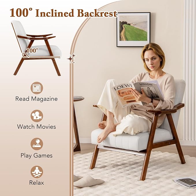 Giantex Mid-Century Modern Accent Chair Set of 2 Upholstered Comfy Living Room Chair with Arms Anti-Slip Felt Pads Wooden Frame Soft Padded Armchair for Living Room Bedroom Office Study Beige
