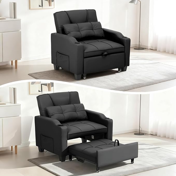 Convertible Sleeper Chair Pull Out Bed Single Sofa Recliner with Vibration Massage Lumbar Pillow USB/Type-c Ports Cup Holders &amp Side Pocket