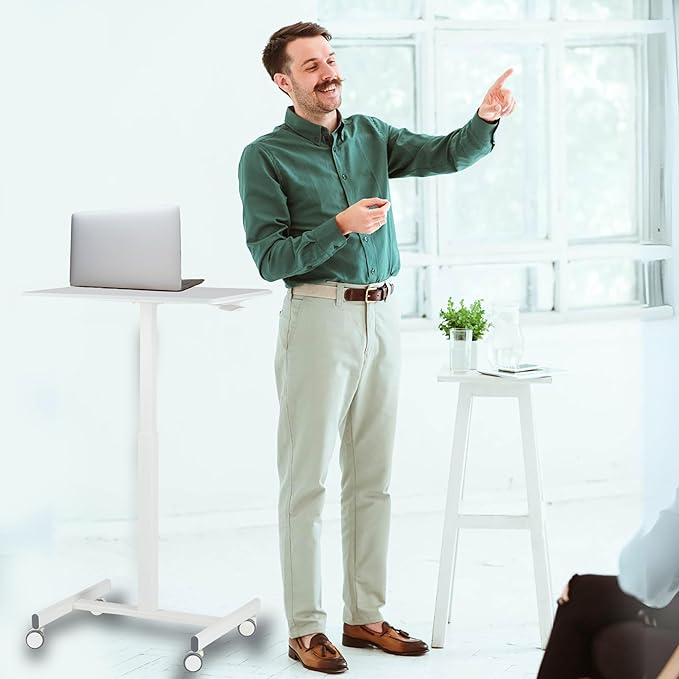 NEWBULIG Mobile Laptop Standing Desk- Overbed Table Adjustable Height Desk Stand Up Desk Small Rolling Sit Stand Desk Teacher Podium with Wheels White