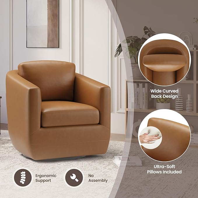 COLAMY 360° Swivel Accent Chair Set of 2 with Pillow Leather Living Room Armchair No-Sag Foam &amp Sturdy Metal Base Fully Assembled Swivel Single Sofa for Bedroom Living Room Reading Room Brown
