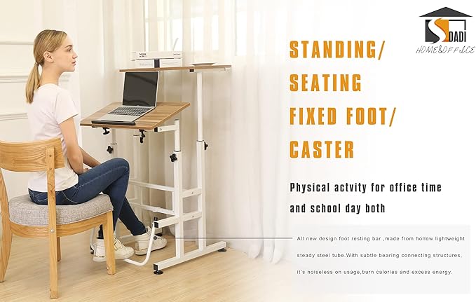 SDADI L101XWFDT Adjustable-Height Steel-Framed Mobile Standing Office Computer Desk with 2 Tiers and Lockable Caster Wheels Dark Grain