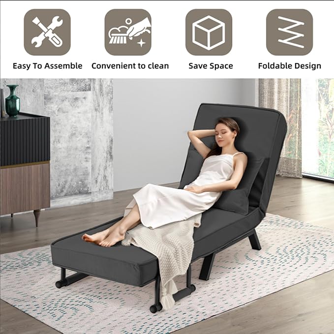 Convertible Sofa Bed Sleeper ChairSingle Person Chaise Lounge Couch with PillowUpholstered Lazy Bed with 6 Angles Adjustable BackrestFolding Sofa Arm Chair for Apartment/Office/Home (Dark Gray)