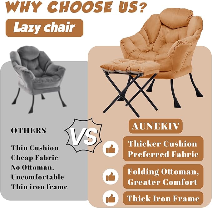 Lazy Chair with Ottoman Comfy Accent Lounge Chair with Side Pocket Modern Reading Armchair with Footrest Upholstered Sofa Chair for Small Spaces Bedroom Living Room Dorm Burnt Orange