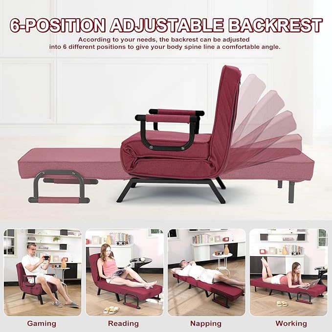Folding Sofa Bed Sleeper Chair3-in-1 Single Convertible Sofa with Adjustable BackrestLazy Bed Leisure Recliner with PillowTri-fold Upholstered Armchair (Red Standard)