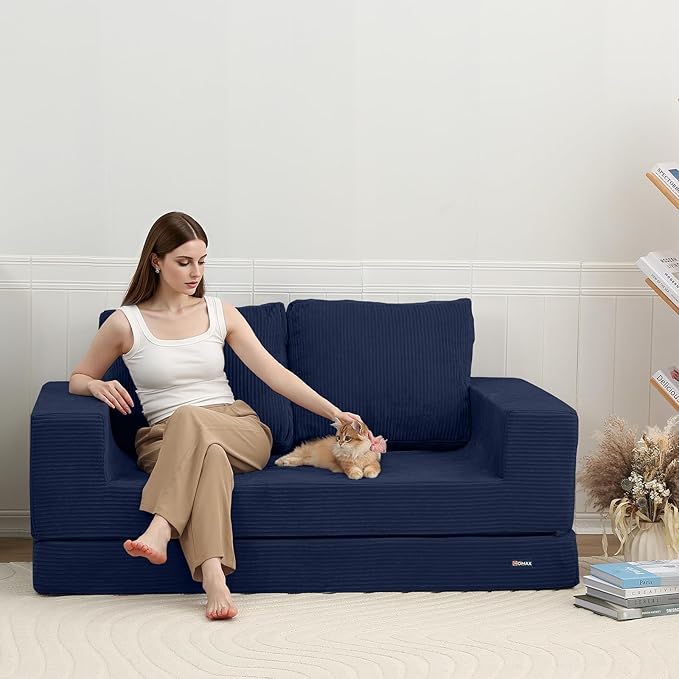 COMAX Convertible Sofa Bed Queen Folding Fold Out Couch Bed Floor Futon Couch Corduroy with Back Pillows Boneless Sofa Comfy Lounge Sleeper Mattress Loveseat for Living Room Bedroom Navy Blue