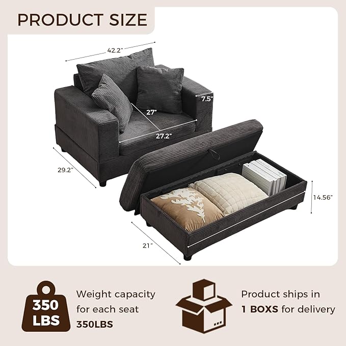 Chaise Lounge Chair IndoorOversized Corduroy Upholstered Sofa Bed with Removable Storage Ottoman Small Cloud Sofas for Living Room Comfy Deep Seat Sleeper Couch Reading Chairs (Gray)