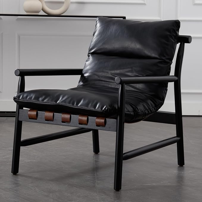 DUOMEI Faux Leather Accent Chair Mid Century Modern Living Room Chairs with Solid Wood Frame Upholstered Lounge Reading Chair Comfy Arm Chair Cozy Recliner for Bedroom/Guest Room Black