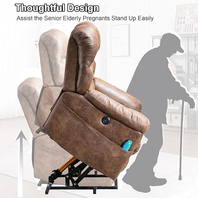 Bonzy Home Power Lift Chairs Recliner with Massage and Heating Electric Recliner Chair with 24 Wide Seat for Big People Full Padded Backrest Waterproof Faux Leather USB Charging Ports Brown