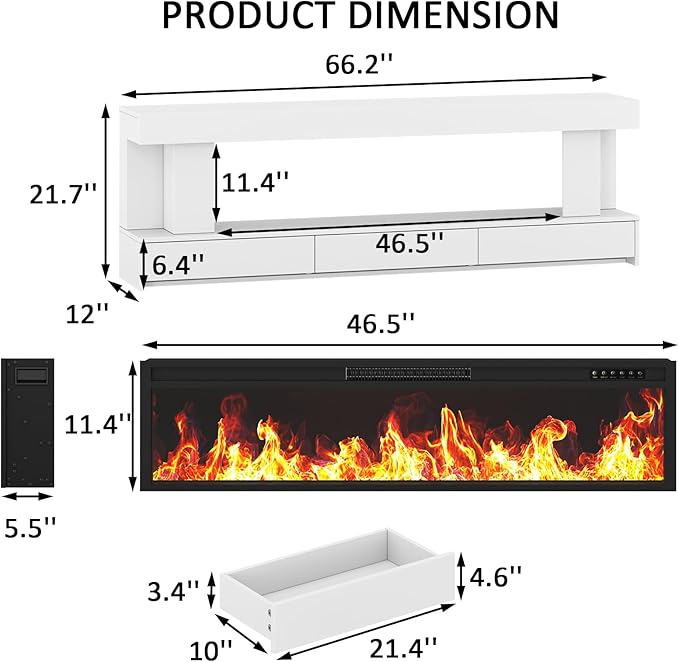 66.2 Fireplace TV Stand with 47 Electric Fireplace Heated Entertainment Center with Fireplace &amp 3 Drawers Modern Wood TV Console with 12 Electronic Flame Colors for Living Room White